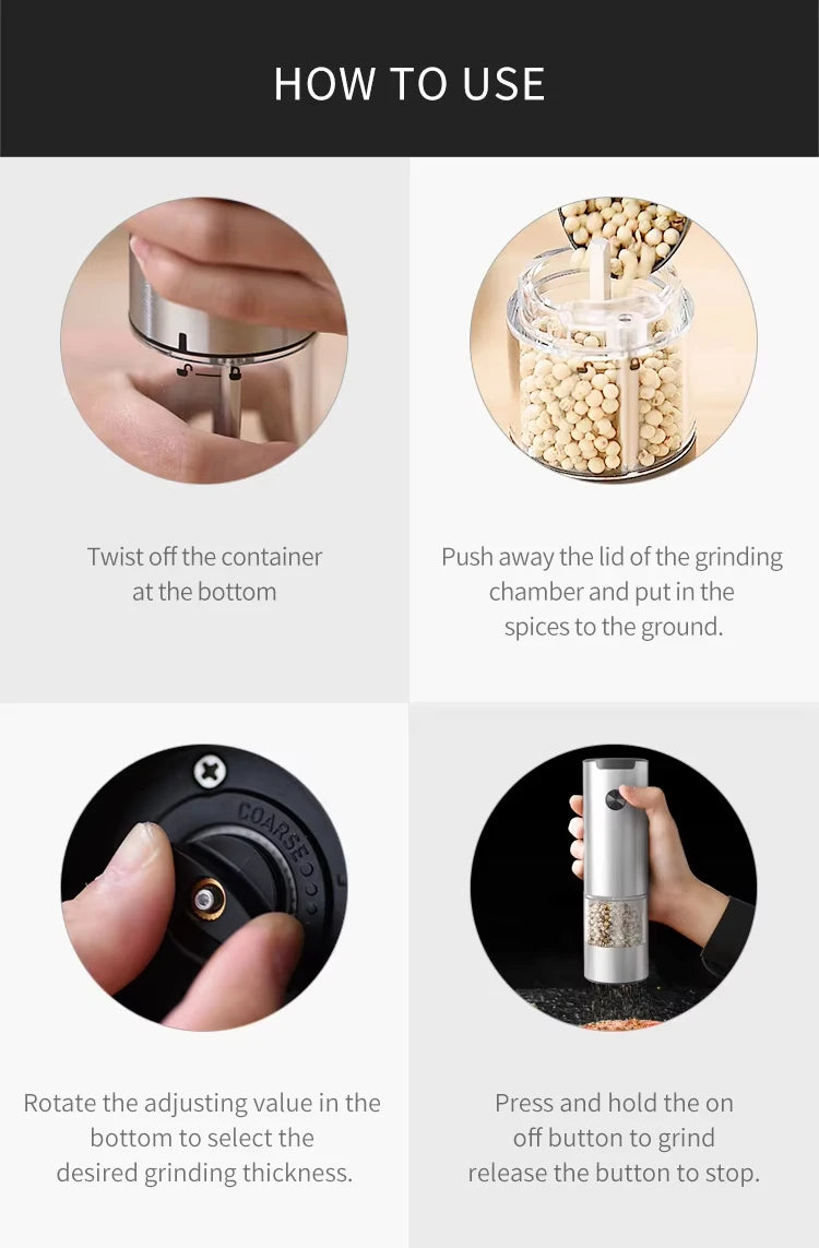 Electric Automatic Salt and Pepper Grinder Set with Led Light Grinder Set Spice Mill Adjustable Spices Grinder Kitchen Tools