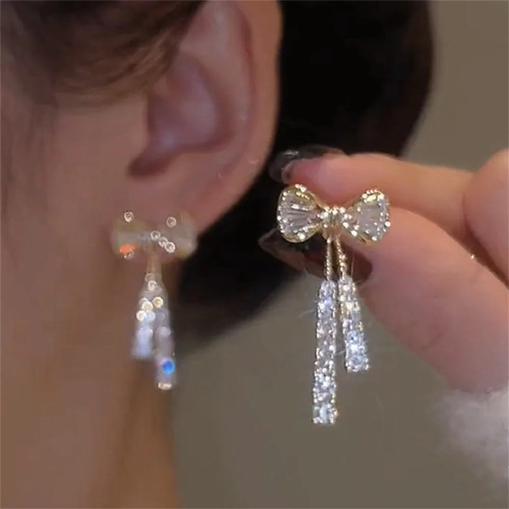 Fashion Zircon Bow Earrings Acrylic Crystal Tassel Earrings For Women Fashion Party Jewelry Trendy Accessories Gifts