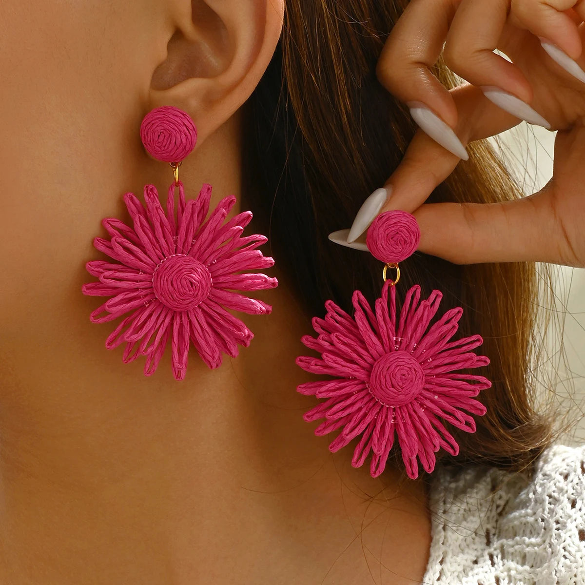 Colorful Sun Flower Earrings For Women Girl Handmade Bohemian Rattan Knit Earrings Summer Party Jewelry Gifts