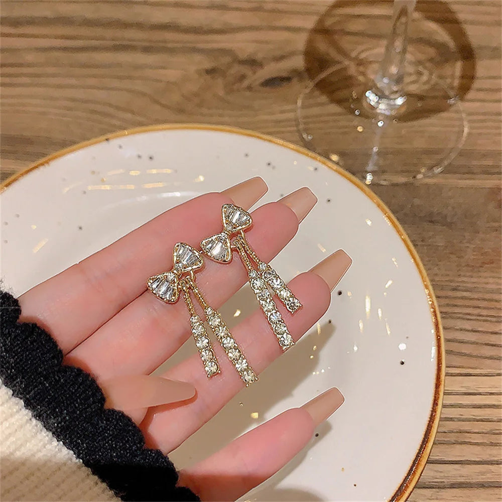 Fashion Zircon Bow Earrings Acrylic Crystal Tassel Earrings For Women Fashion Party Jewelry Trendy Accessories Gifts