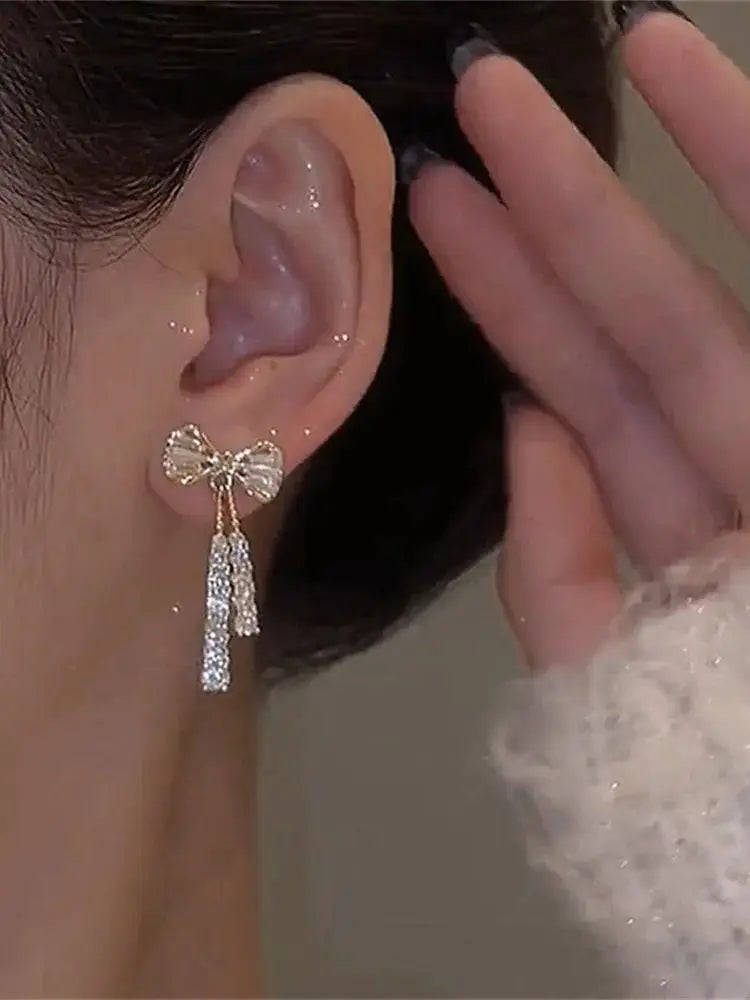 Fashion Zircon Bow Earrings Acrylic Crystal Tassel Earrings For Women Fashion Party Jewelry Trendy Accessories Gifts
